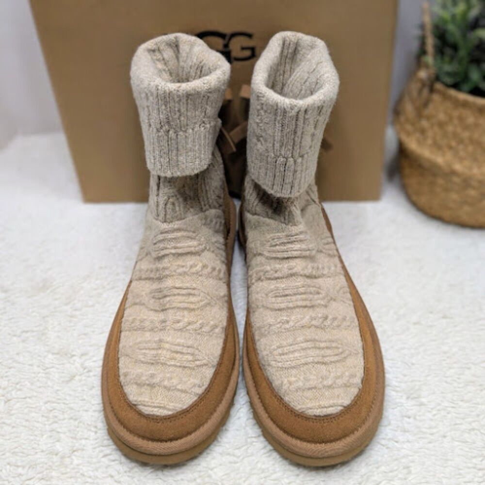 UGG Natural Chestnut Classic Mini Cabelle Knit Suede Leather Boots Women's 8 NIB - Picture 5 of 14